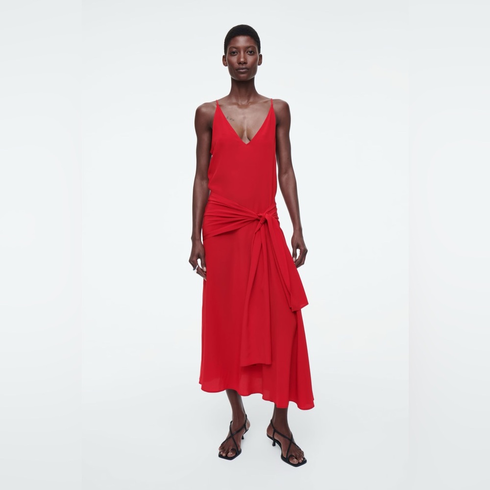 NWT COS Red Silk Asymmetrical Midi Dress with side tie